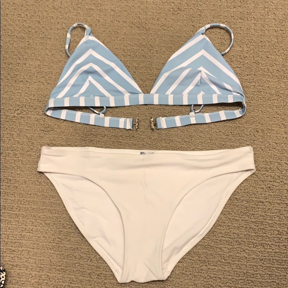 Aerie white bottoms, SHEIN blue stripped top